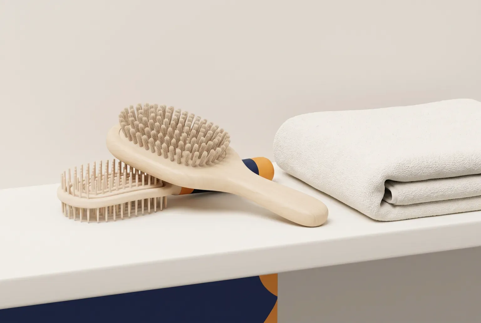 Illustration: a plain wooden paddle hairbrush and a small flexible detangling brush lying beside a folded towel on a shelf, drawn as a soft 3D render. Not a real product.