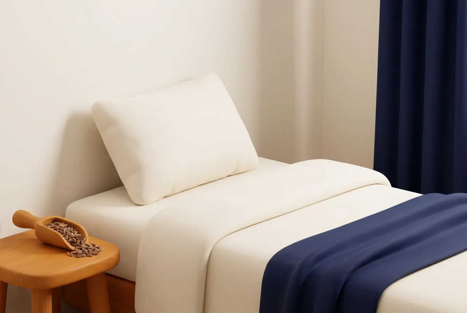 Illustration: a plain cream pillow on a neatly made bed beside a wooden stool holding a scoop of loose brown hulls, drawn as a soft 3D render. Not a real product.