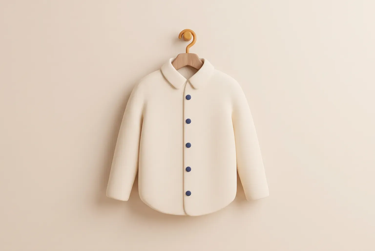 Illustration: a cream button-up shirt with navy buttons hanging on a wooden hanger against a pale wall, drawn as a soft 3D render. Not a real product.