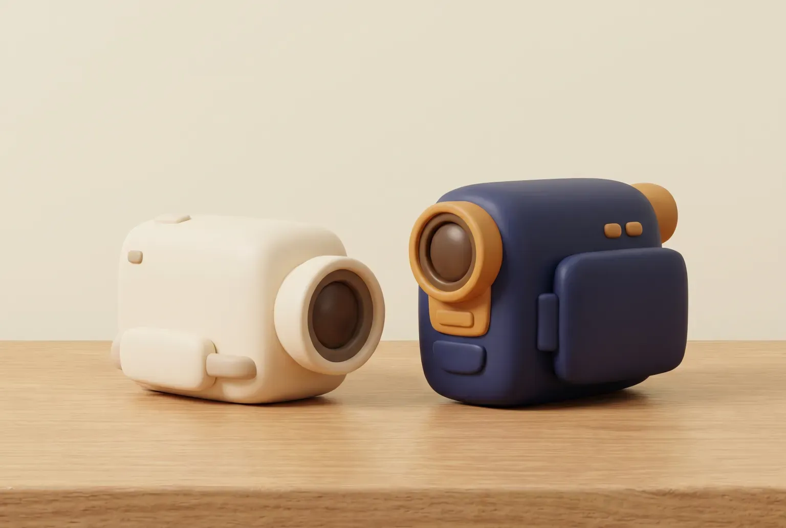Illustration: a cream and a navy compact camcorder with amber lens rings standing side by side on a wooden desk, drawn as a soft 3D render. Not a real product.