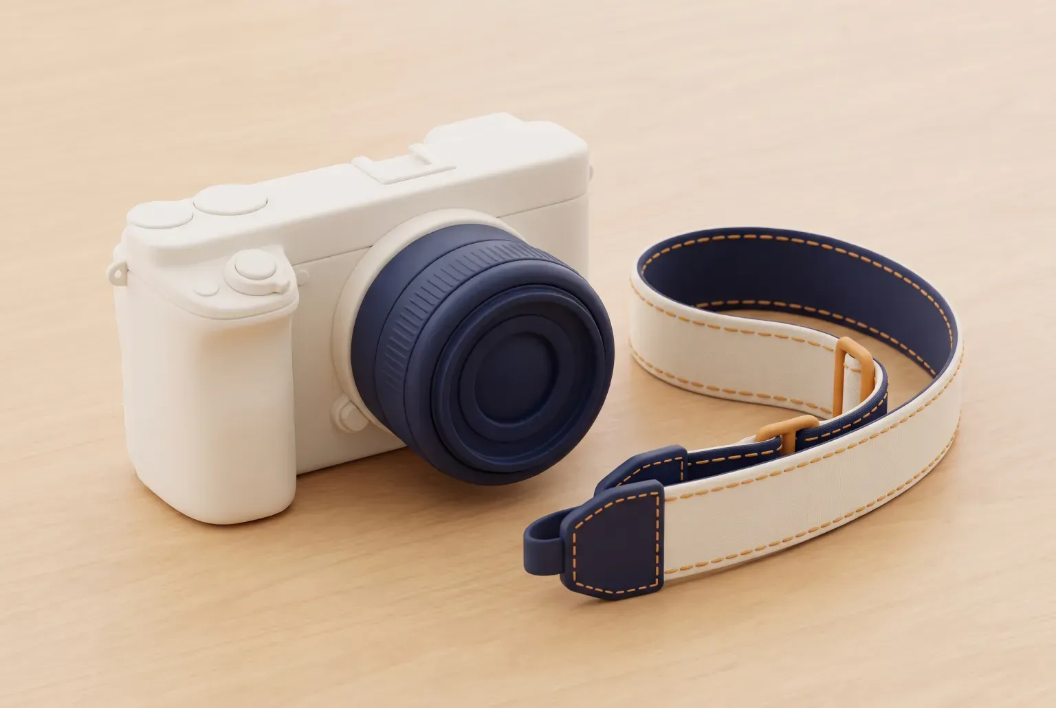 Illustration: a plain compact camera with a small zoom lens next to a camera strap on a wooden table, drawn as a soft 3D render. Not a real product.
