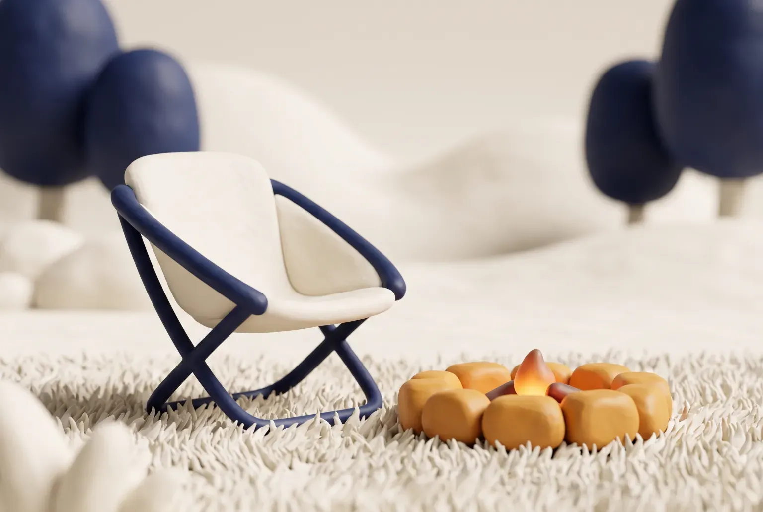 Illustration: a single navy-framed folding chair with a cream seat on soft cream grass beside a small ring of amber stones with a tiny flame, drawn as a soft 3D render. Not a real product.