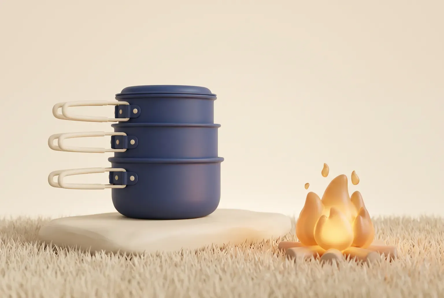 Illustration: three navy camping pots nested in a stack with cream folding handles on a flat stone beside a small glowing campfire on pale grass, drawn as a soft 3D render. Not a real product.