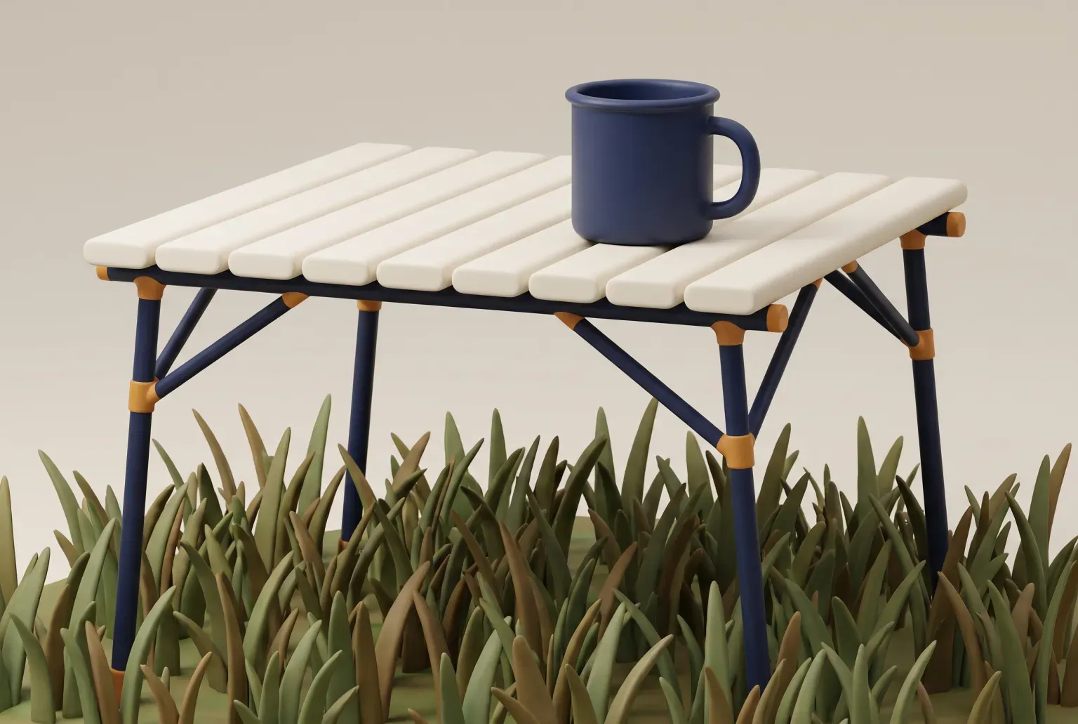 Illustration: a lightweight folding camp table with a cream slatted top and slim navy legs on tall green grass, with a single navy enamel mug on top, drawn as a soft 3D render. Not a real product.