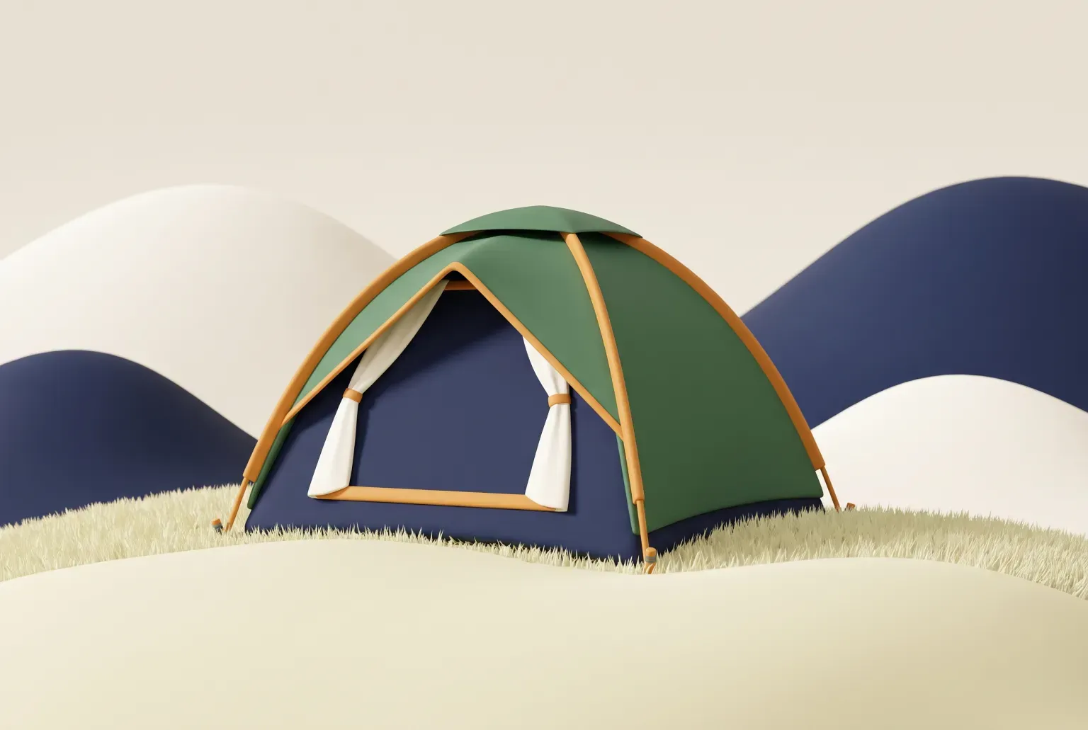Illustration: a green dome camping tent pitched on a grassy campsite with soft rounded hills behind it, drawn as a soft 3D render. Not a real product.