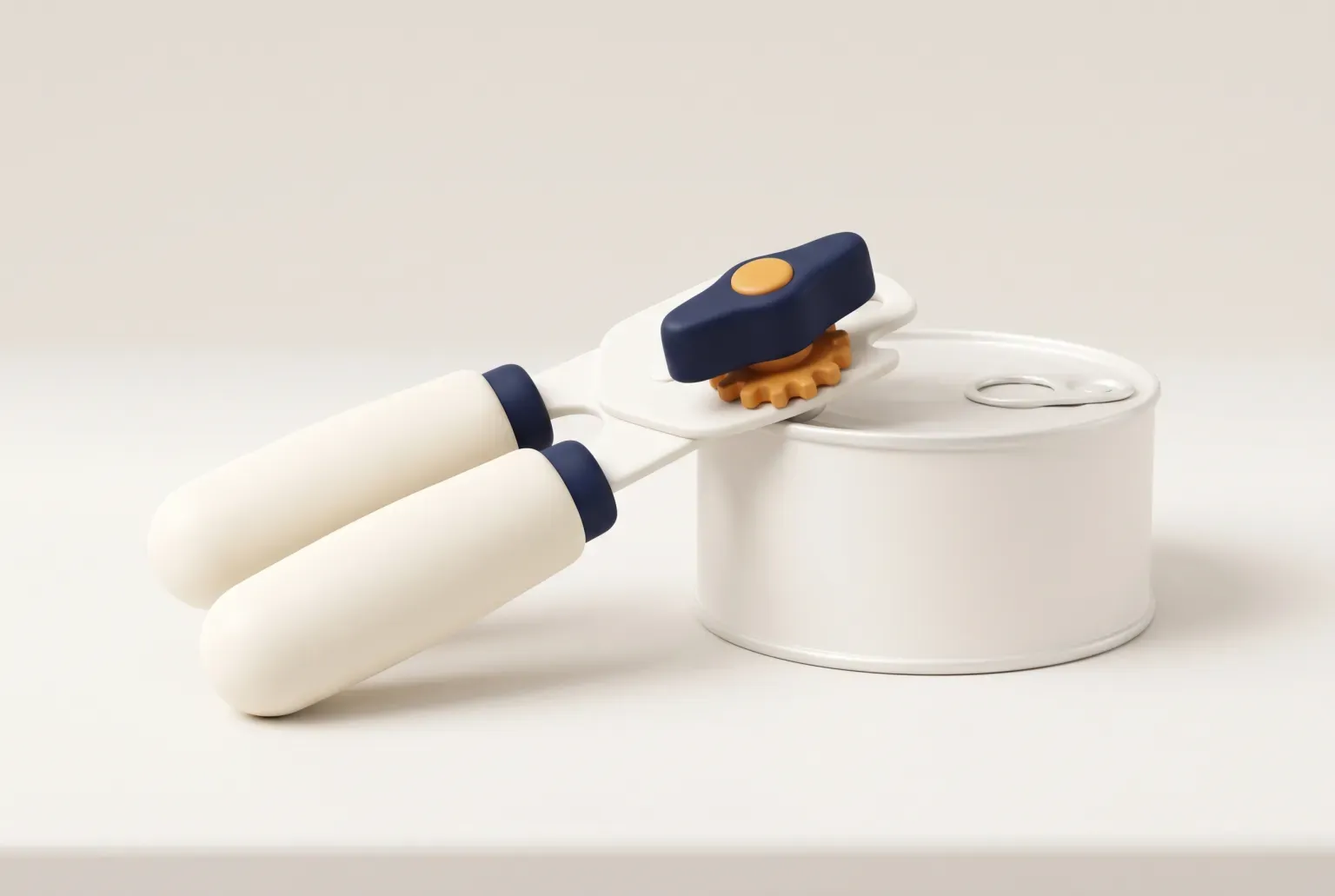 Illustration: a plain manual can opener with rounded cream handles and a navy knob gripping a closed plain tin can on a light kitchen counter, drawn as a soft 3D render. Not a real product.