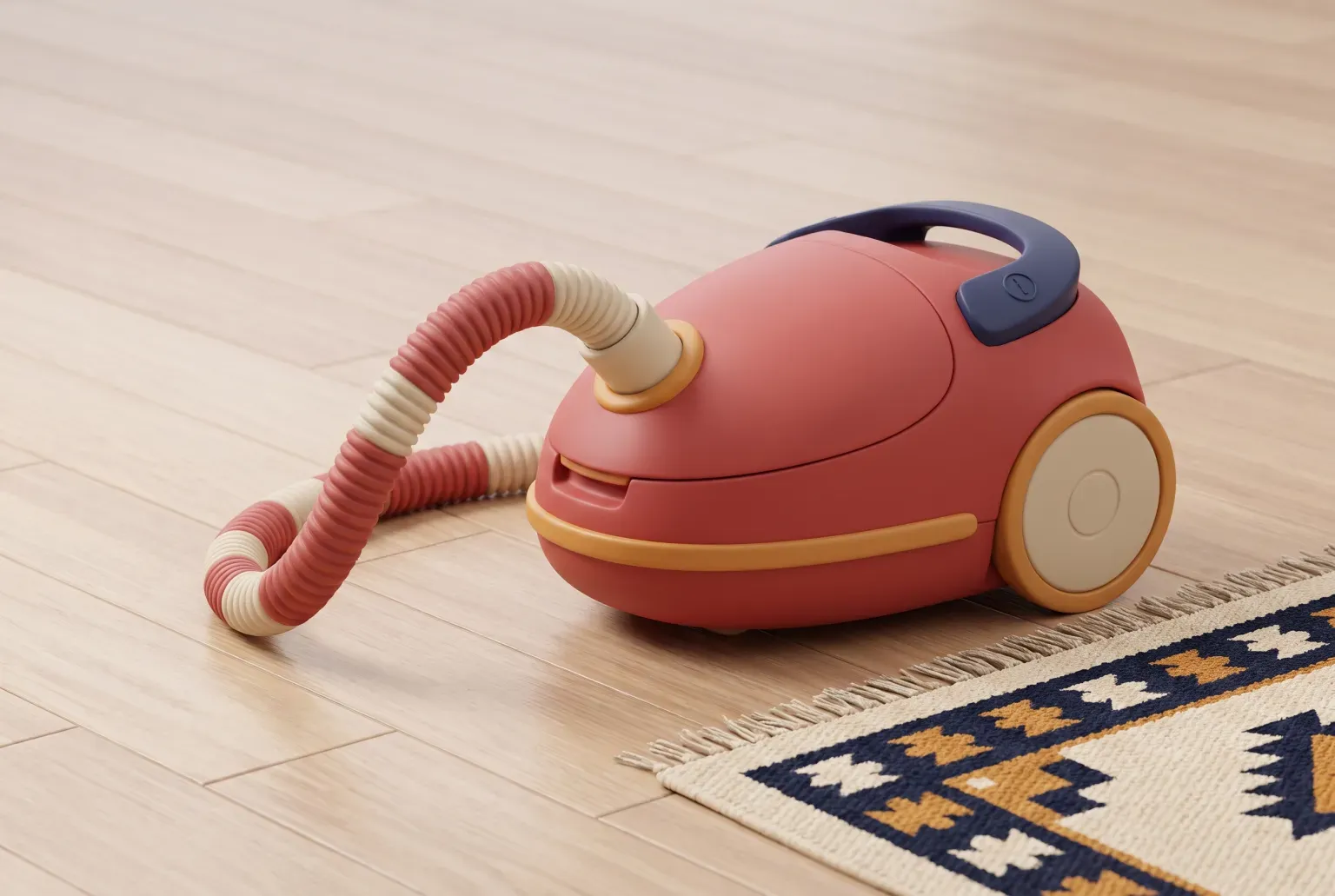 Illustration: a plain red canister vacuum with a hose and wand on a hardwood floor beside a small rug, drawn as a soft 3D render. Not a real product.