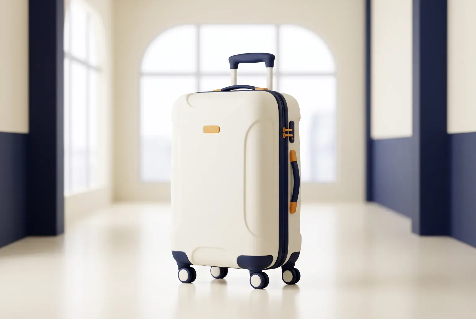 Illustration: a plain hard-shell carry-on suitcase with four wheels in a bright airport corridor, drawn as a soft 3D render. Not a real product.