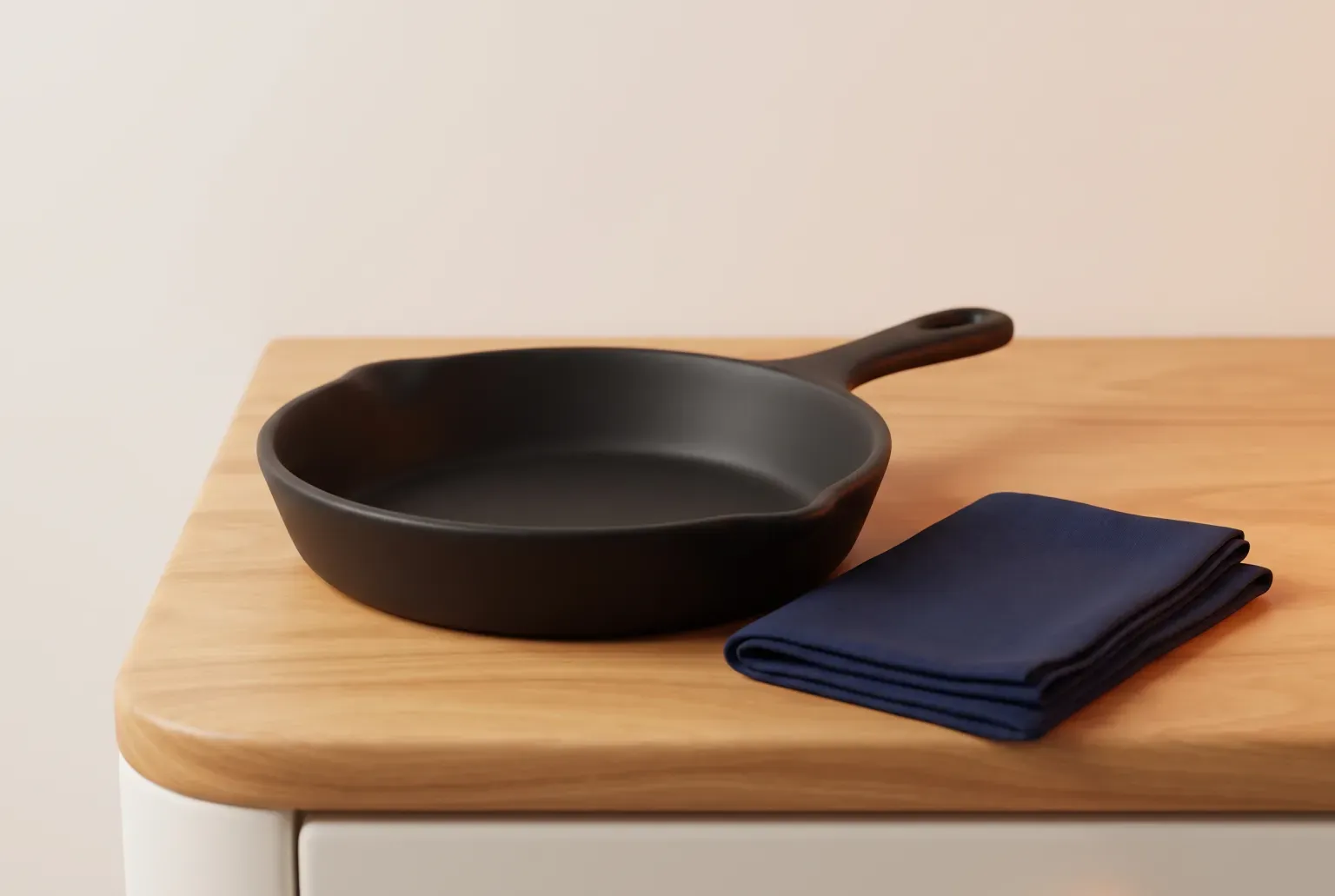 Illustration: a plain black round cast iron skillet with a short looped handle on a wooden countertop beside a folded navy cloth, drawn as a soft 3D render. Not a real product.