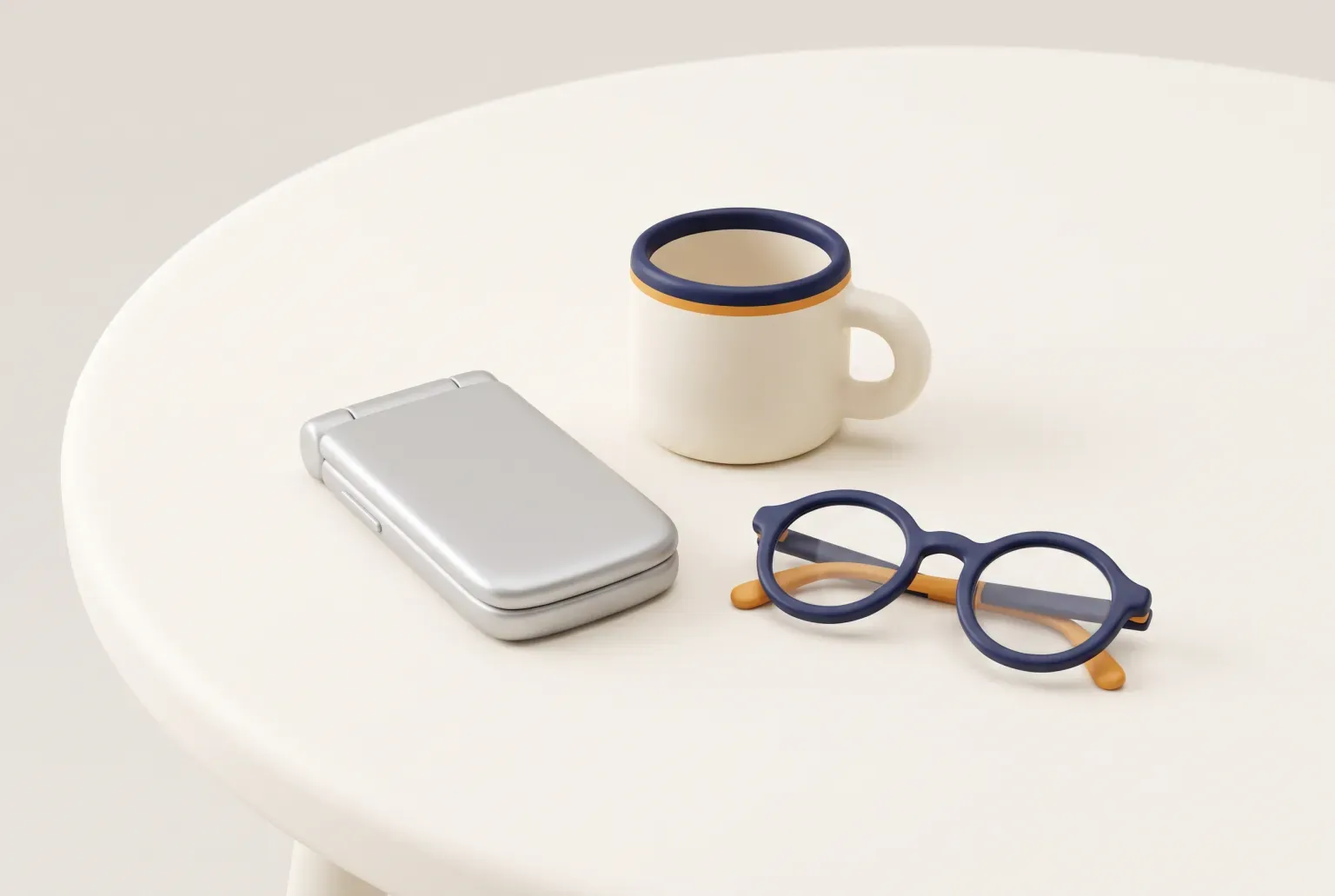 Illustration: a silver closed flip phone on a cream table beside a navy and amber mug and round reading glasses, drawn as a soft 3D render. Not a real product.