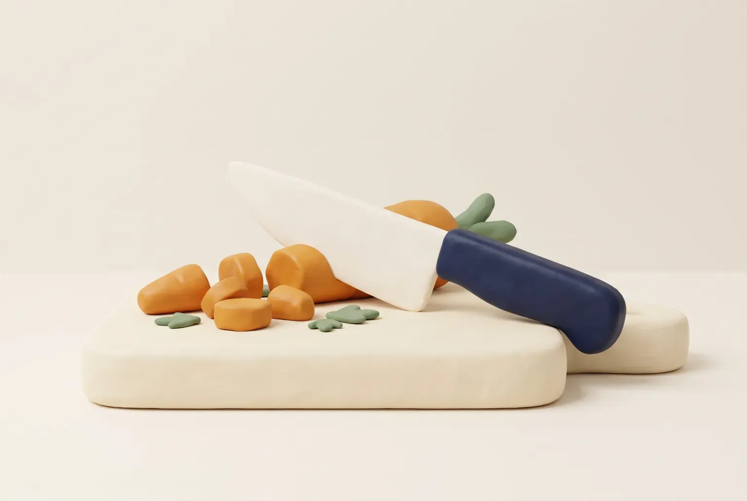 Illustration: a plain chef's knife on a cutting board beside chopped carrots and herbs, drawn as a soft 3D render. Not a real product.