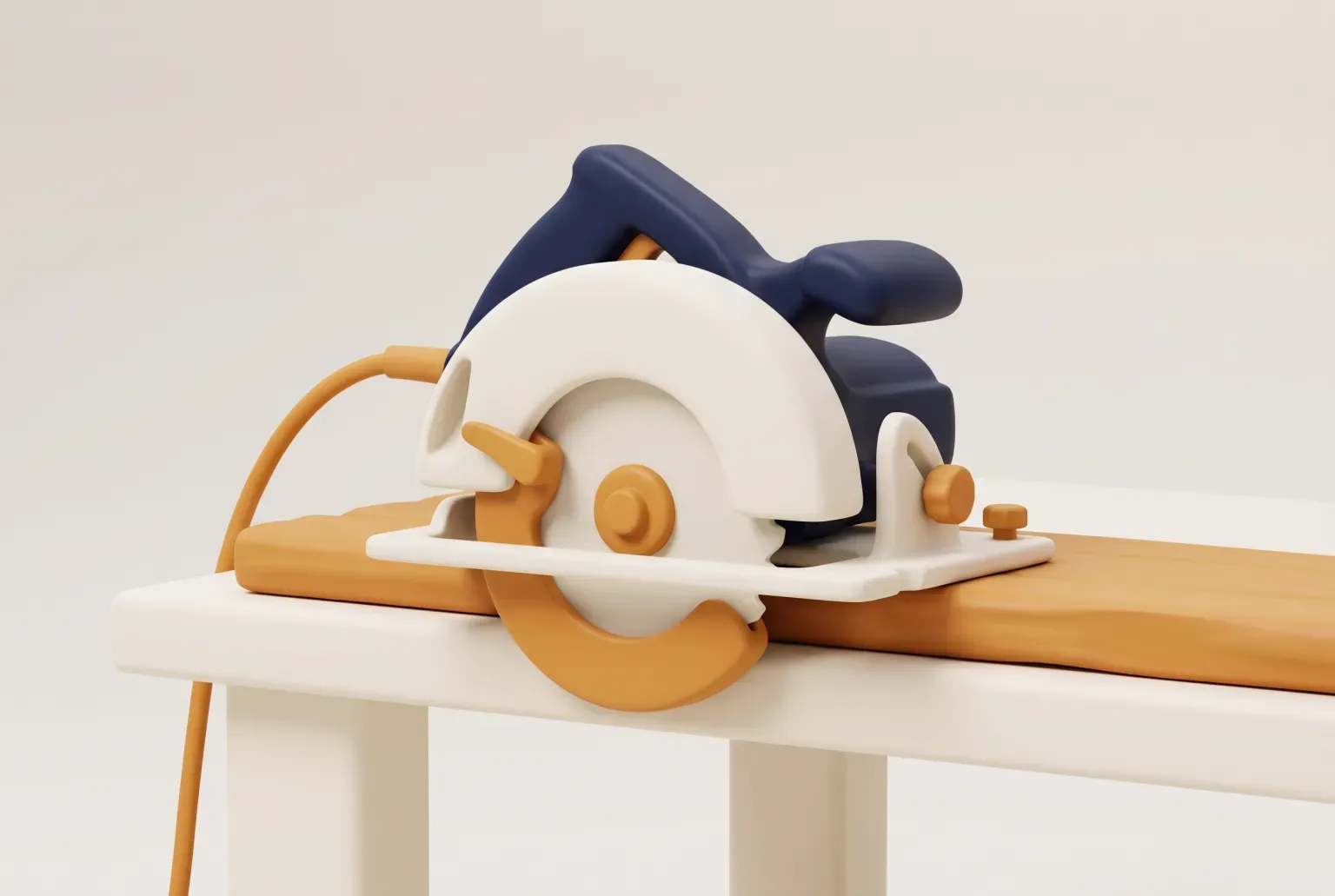 Illustration: a circular saw with a navy body and cream blade guard resting on a wooden plank on a workbench, drawn as a soft 3D render. Not a real product.
