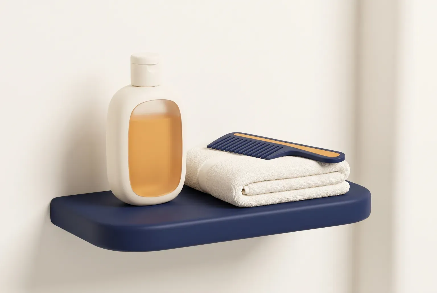 Illustration: a plain cream shampoo bottle with an amber window on a navy bathroom shelf beside a folded white towel and a wide-tooth comb, drawn as a soft 3D render. Not a real product.