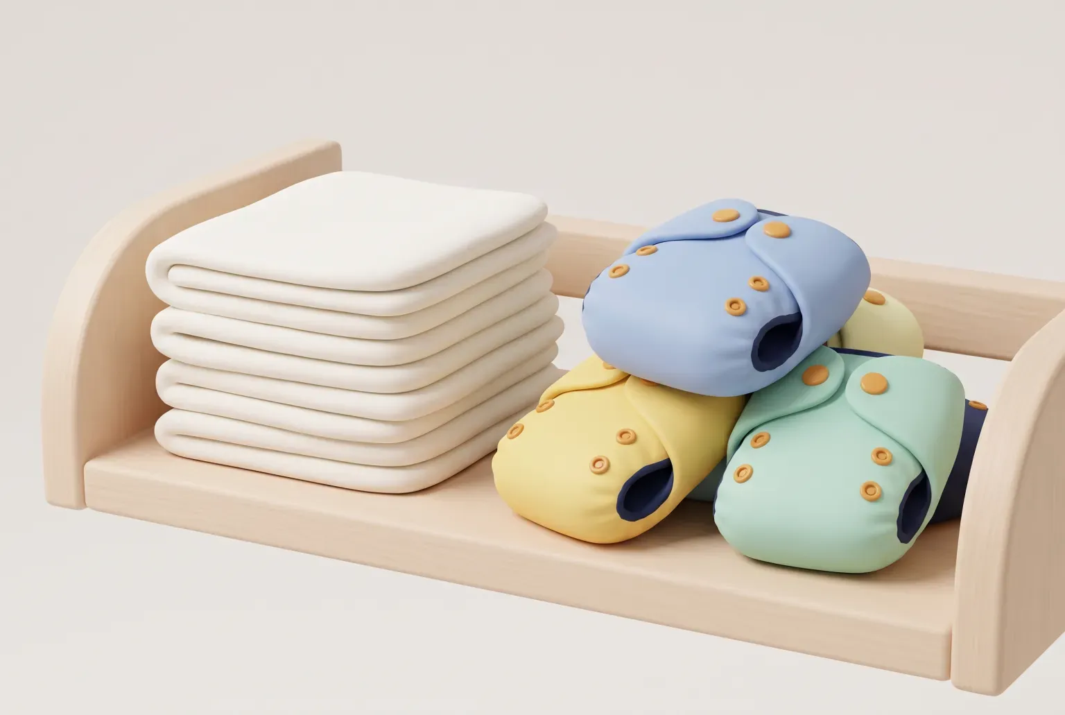 Illustration: a neat stack of folded cream cotton cloth diapers beside two colorful snap-closure pocket diapers on a pale nursery shelf, drawn as a soft 3D render. Not a real product.