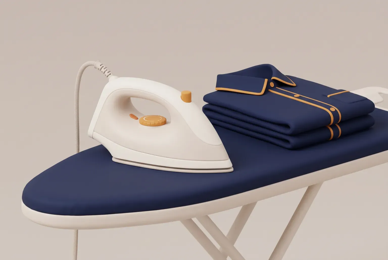 Illustration: a plain steam iron on an ironing board next to a folded shirt, drawn as a soft 3D render. Not a real product.