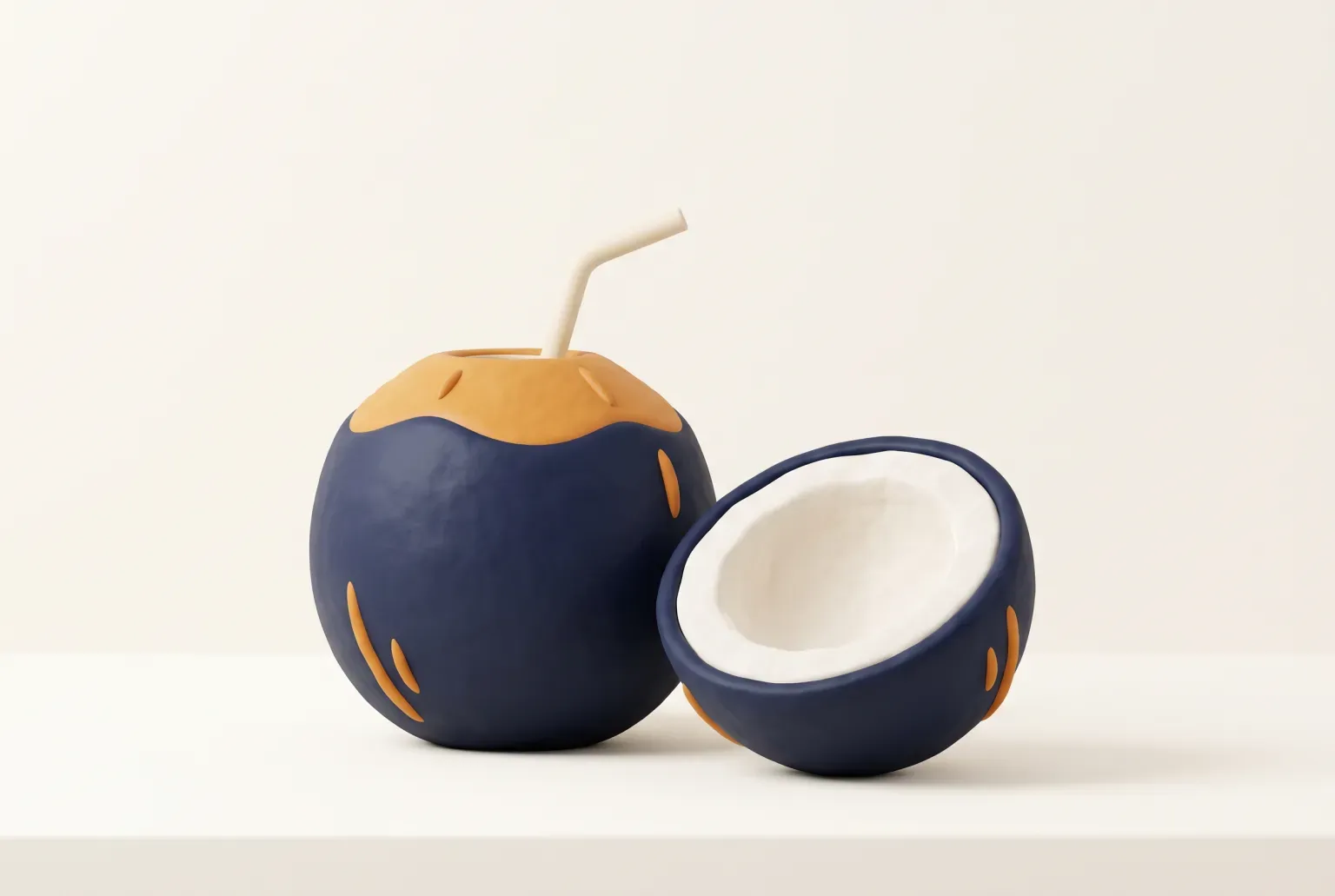 Illustration: a round navy coconut with an amber top and a pale straw beside a halved coconut showing white flesh, on a cream shelf, drawn as a soft clay-style 3D render. Not a real product.
