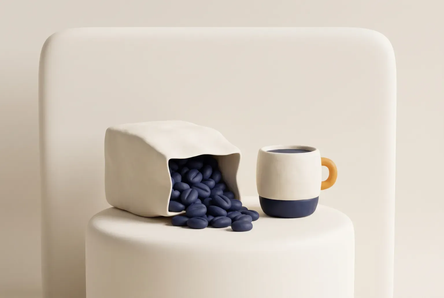 Illustration: roasted coffee beans spilling from a plain paper bag beside a mug, drawn as a soft 3D render. Not a real product.