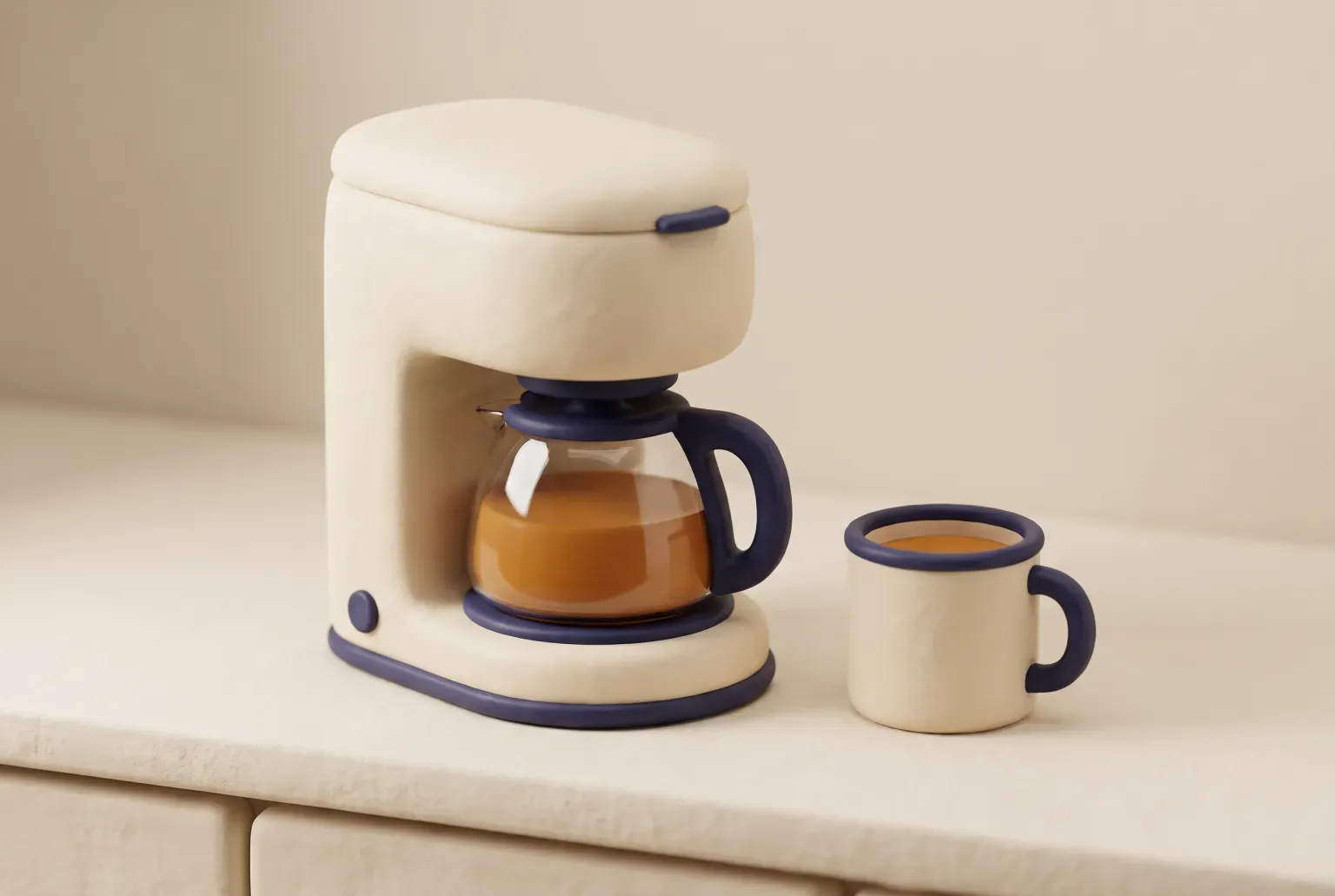 Illustration: a plain drip coffee maker with a glass carafe and a mug on a kitchen counter, drawn as a soft 3D render. Not a real product.