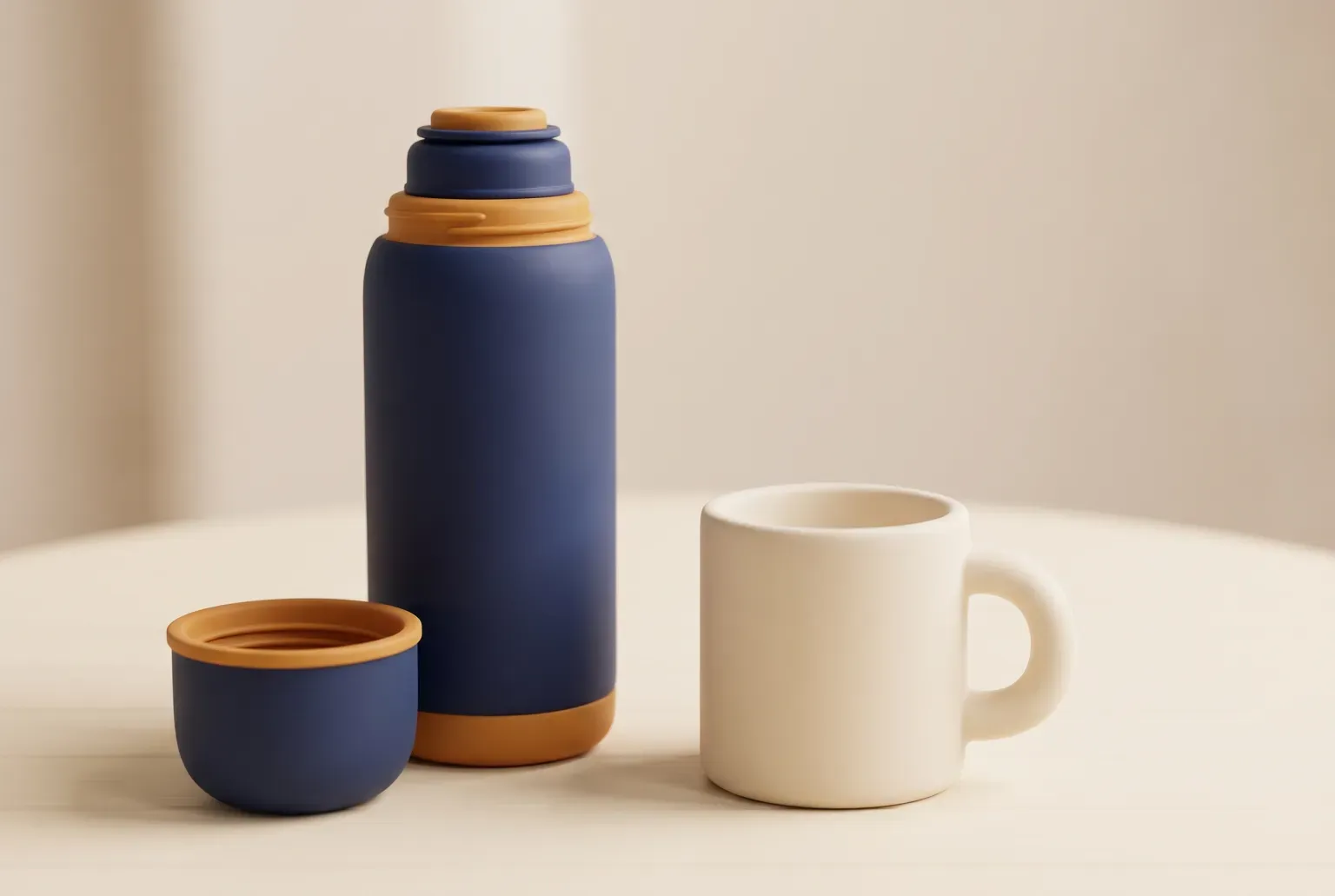 Illustration: a tall navy and amber vacuum bottle with its cup lid set beside it and an empty cream mug on a pale wooden table, drawn as a soft 3D render. Not a real product.