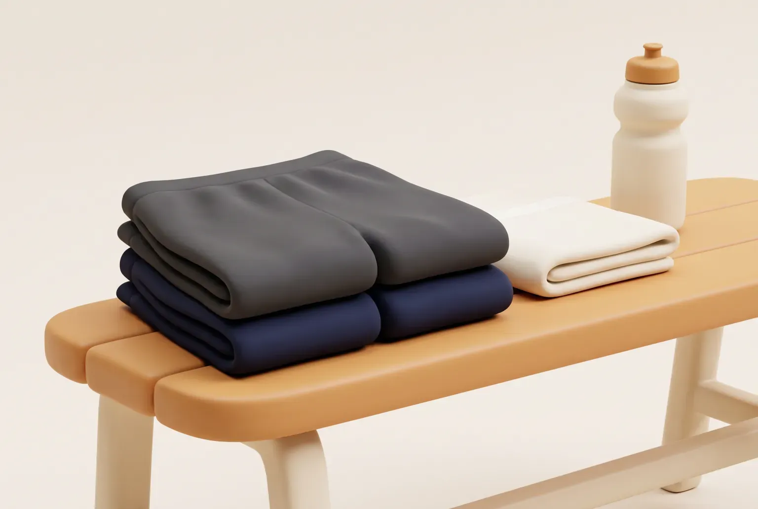 Illustration: a folded stack of charcoal gray and navy stretch shorts on a wooden gym bench beside a white towel and a water bottle, drawn as a soft 3D render. Not a real product.