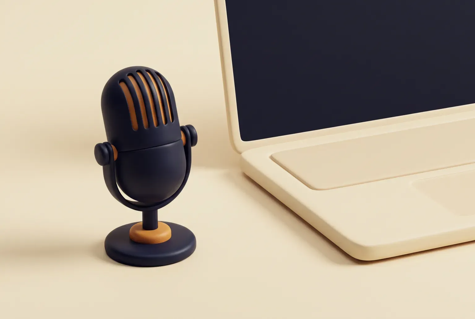 Illustration: a plain black desktop microphone on a small stand beside an open cream laptop on a light desk, drawn as a soft 3D render. Not a real product.
