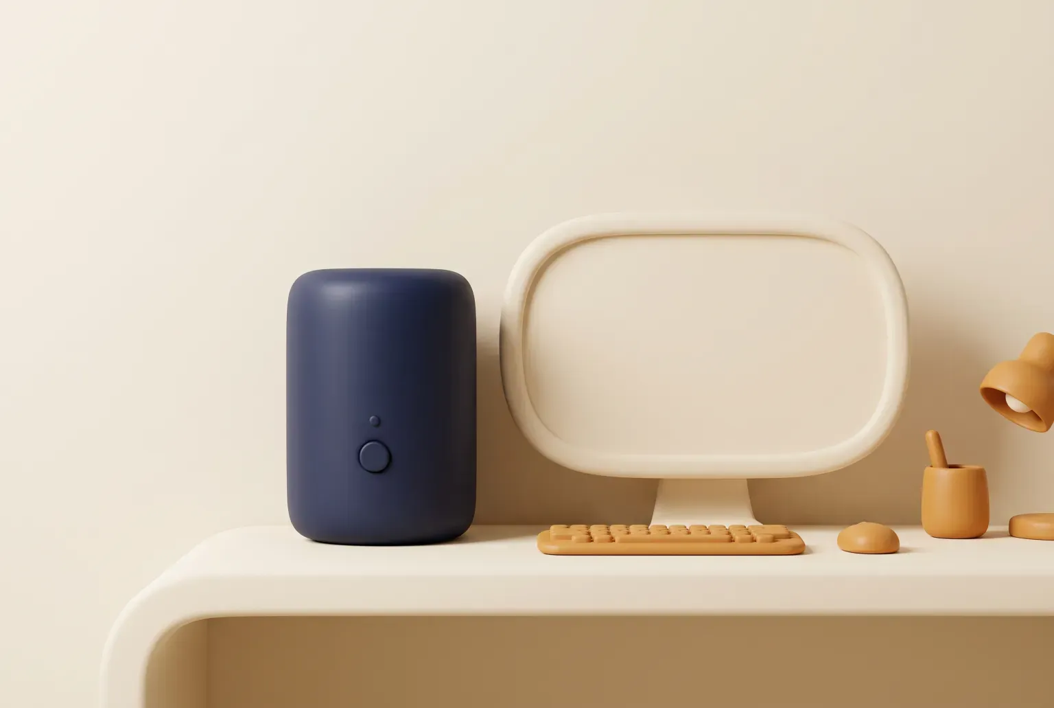Illustration: a rounded navy computer tower beside a cream monitor, an amber keyboard and a small desk lamp on a cream desk, drawn as a soft 3D render. Not a real product.