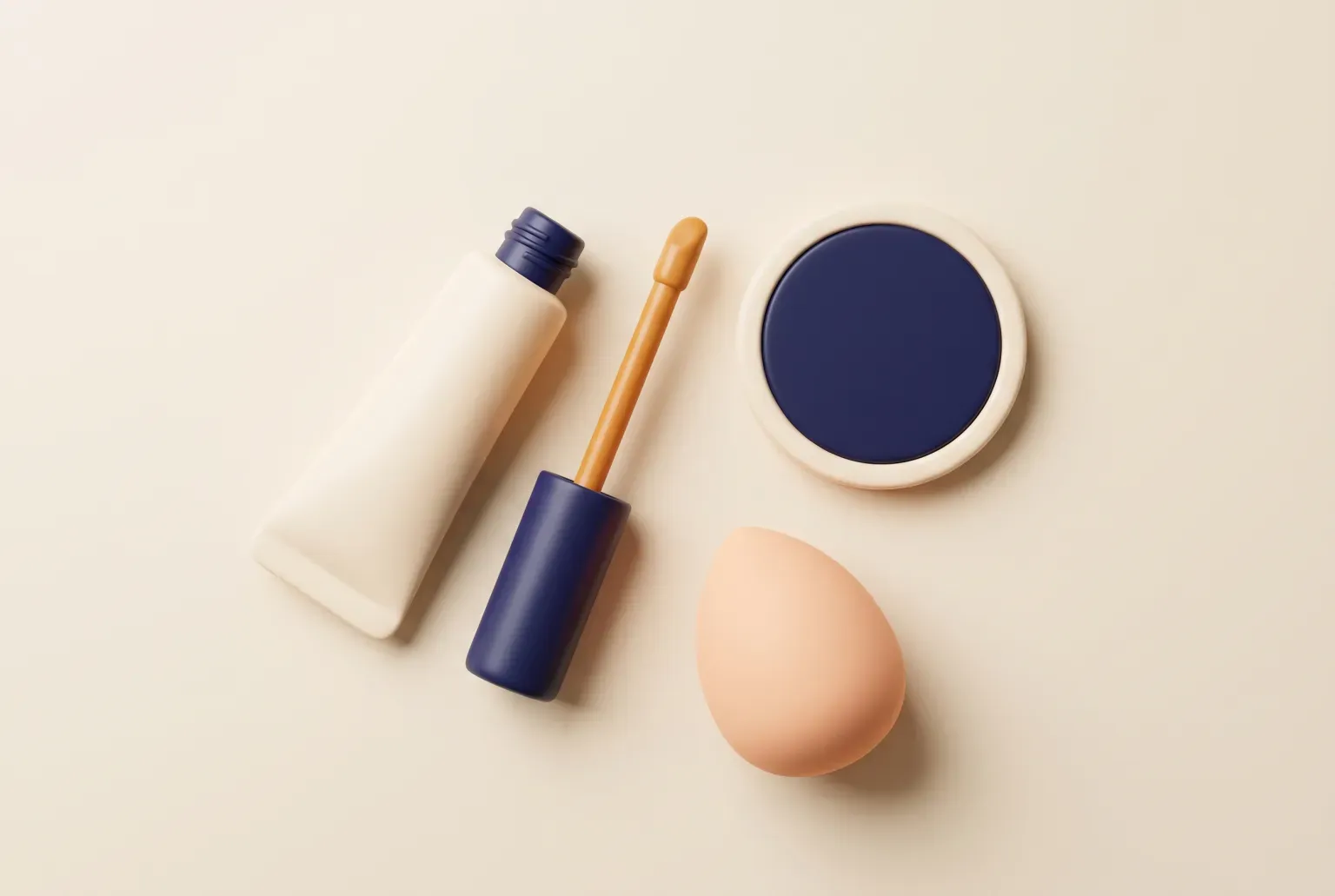 Illustration: a plain concealer tube, a wand applicator, a round compact and a peach makeup sponge on a cream surface, drawn as a soft 3D render. Not a real product.
