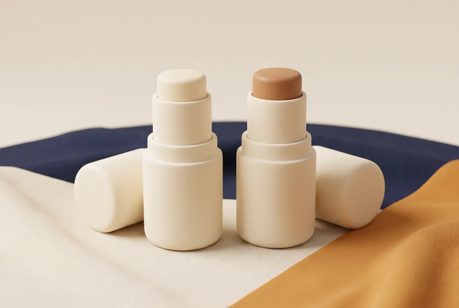Illustration: two plain cream makeup sticks, one light and one tan, with their caps off, lying on a soft folded cloth, drawn as a soft 3D render. Not a real product.