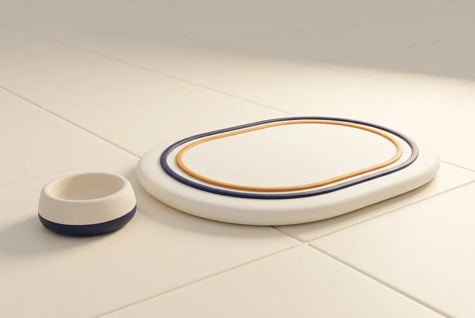 Illustration: a soft rounded oval mat with navy and amber trim lying on a cream tile floor beside a small round bowl, drawn as a soft 3D render. Not a real product.