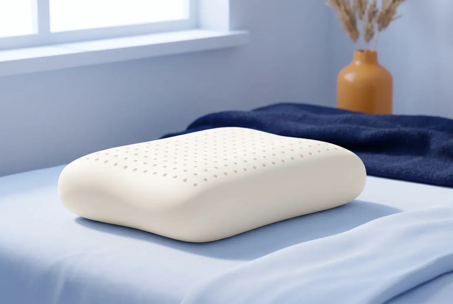Illustration: a plain white memory foam pillow with small ventilation holes resting on light blue sheets in cool morning light, drawn as a soft 3D render. Not a real product.