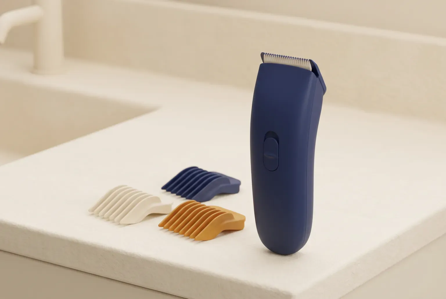 Illustration: a plain navy cordless hair clipper standing on a bathroom counter beside three colored guard combs, drawn as a soft 3D render. Not a real product.