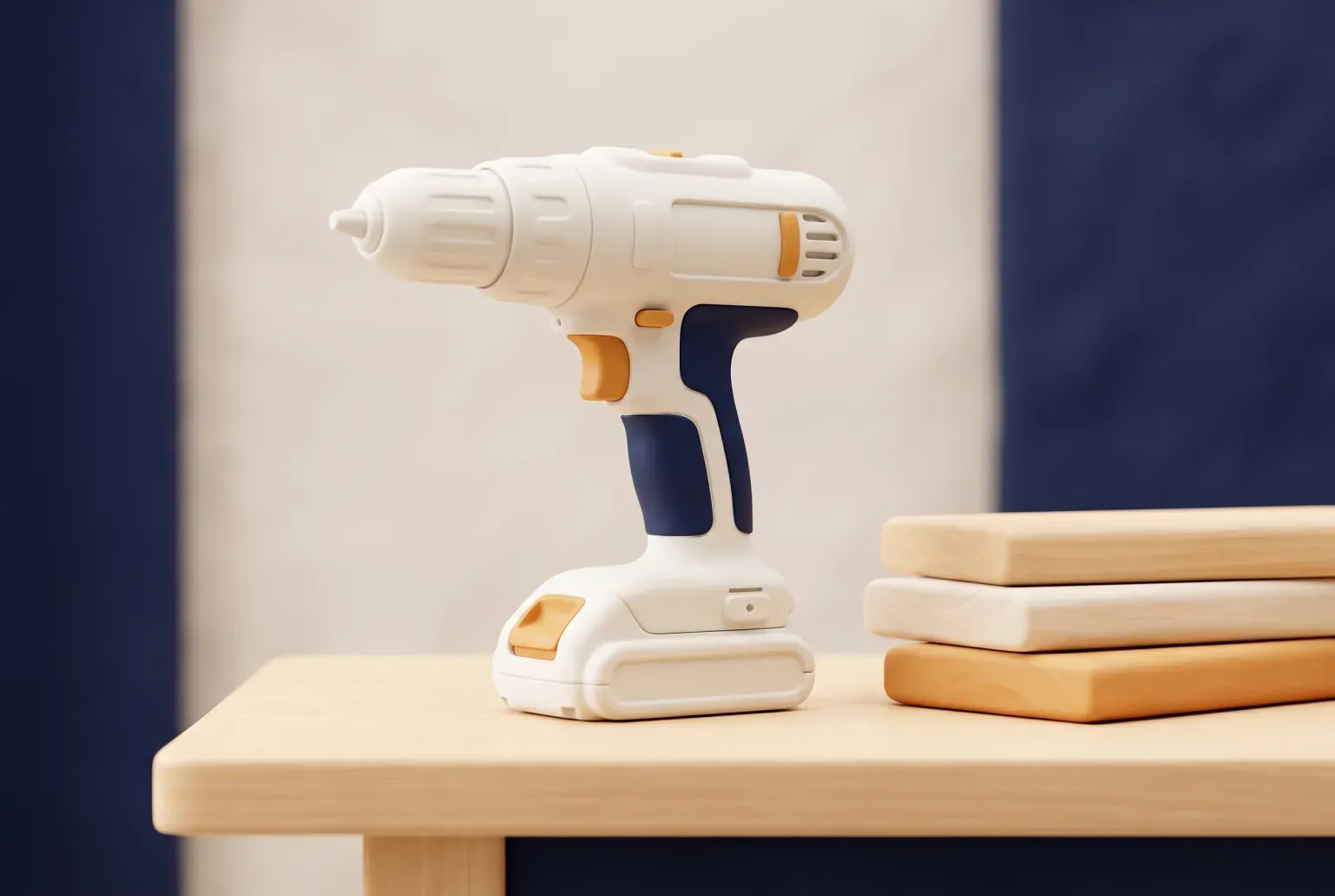 Illustration: a white and navy cordless power drill with a battery pack standing on a light wooden workbench beside a stack of boards, drawn as a soft 3D render. Not a real product.