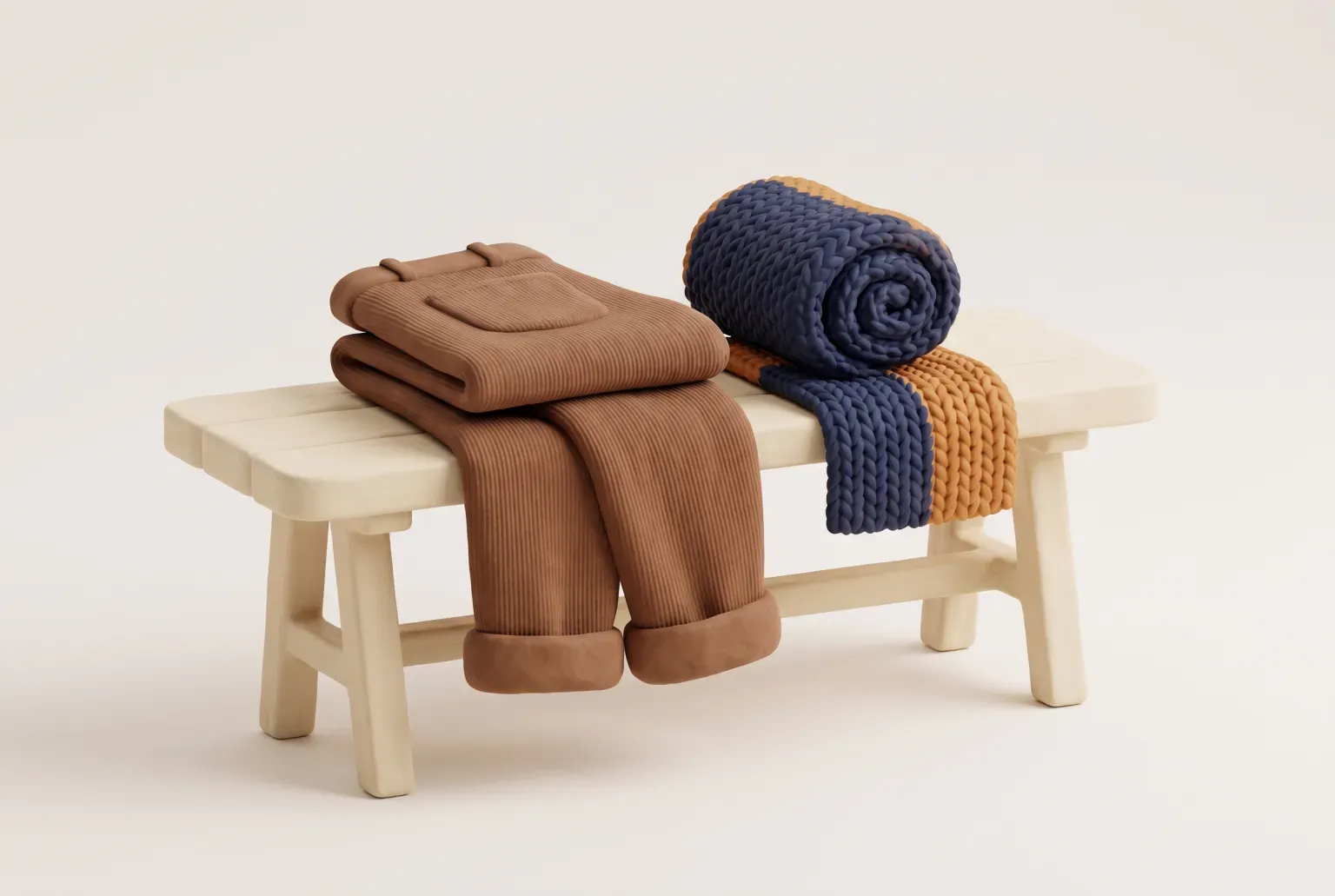 Illustration: a pair of folded brown corduroy pants and a rolled knit scarf on a pale bench, drawn as a soft 3D render. Not a real product.