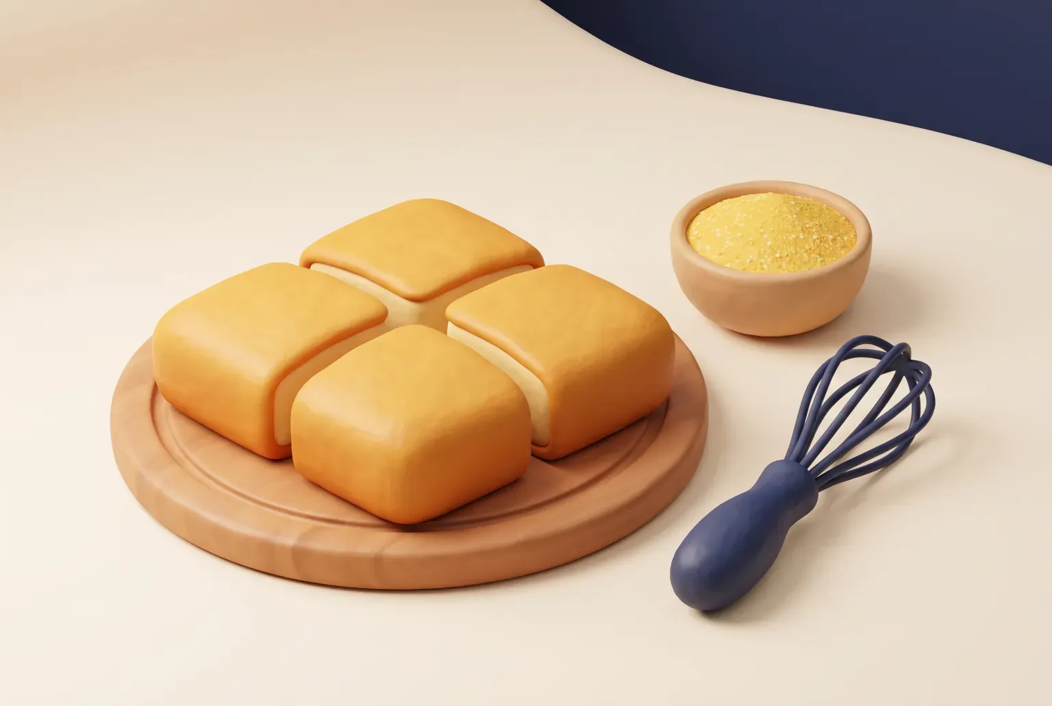 Illustration: a golden square cornbread cut into four pieces on a round wooden board beside a small bowl of yellow cornmeal and a whisk, drawn as a soft 3D render. Not a real product.