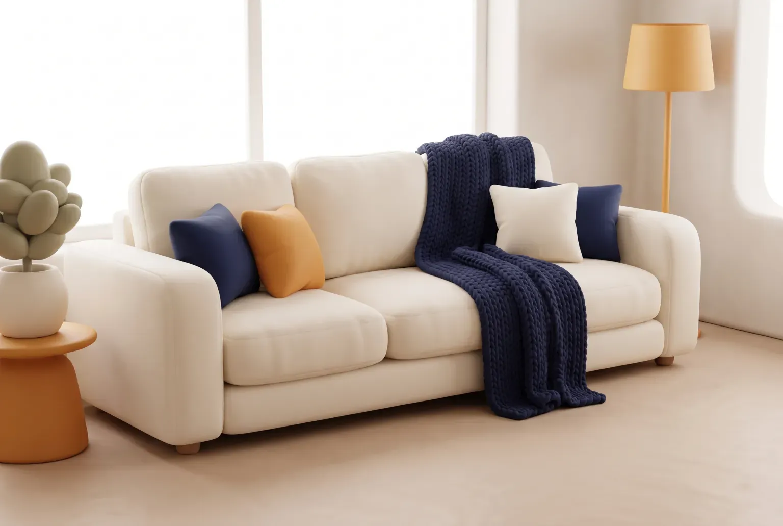 Illustration: a plush three-seat sofa with soft cushions and a knitted throw in a bright living room corner, drawn as a soft 3D render. Not a real product.