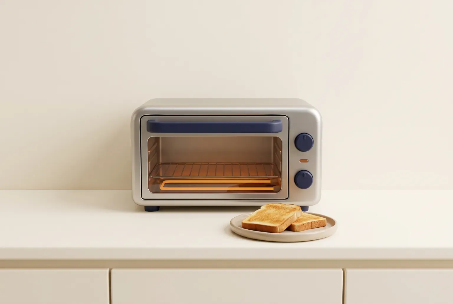 Illustration: a stainless steel countertop toaster oven with a glass door and two slices of toast on a plate, on a cream kitchen counter, drawn as a soft 3D render. Not a real product.