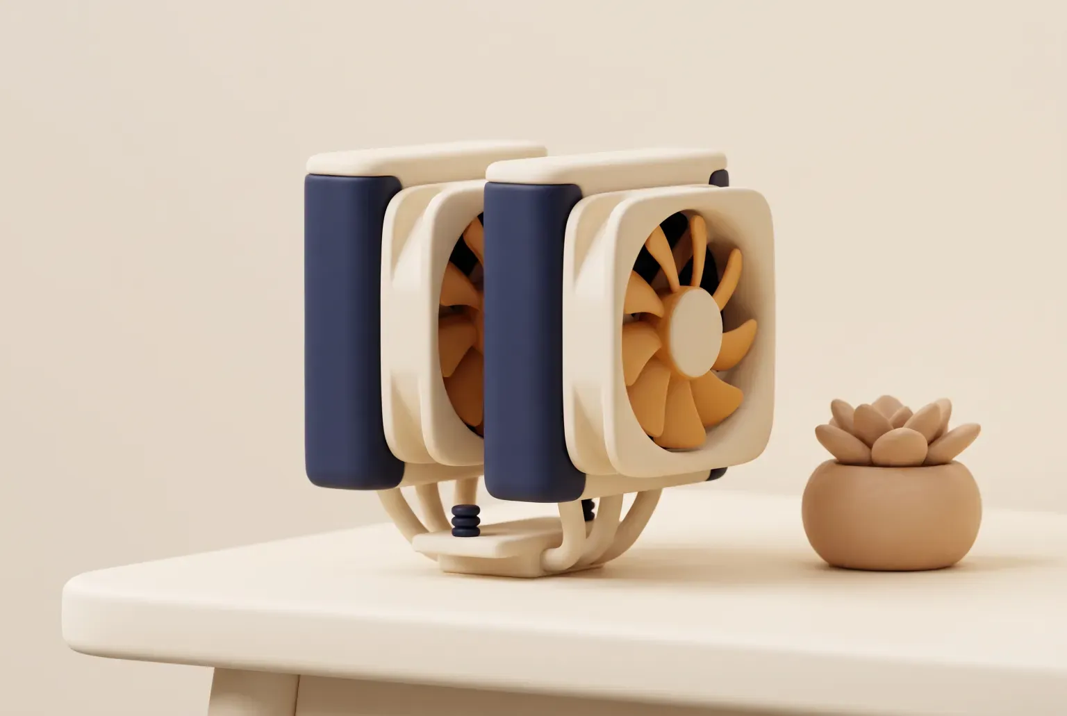 Illustration: a tall cream and navy dual-tower air cooler with two orange fans on a cream desk beside a small potted succulent, drawn as a soft 3D render. Not a real product.
