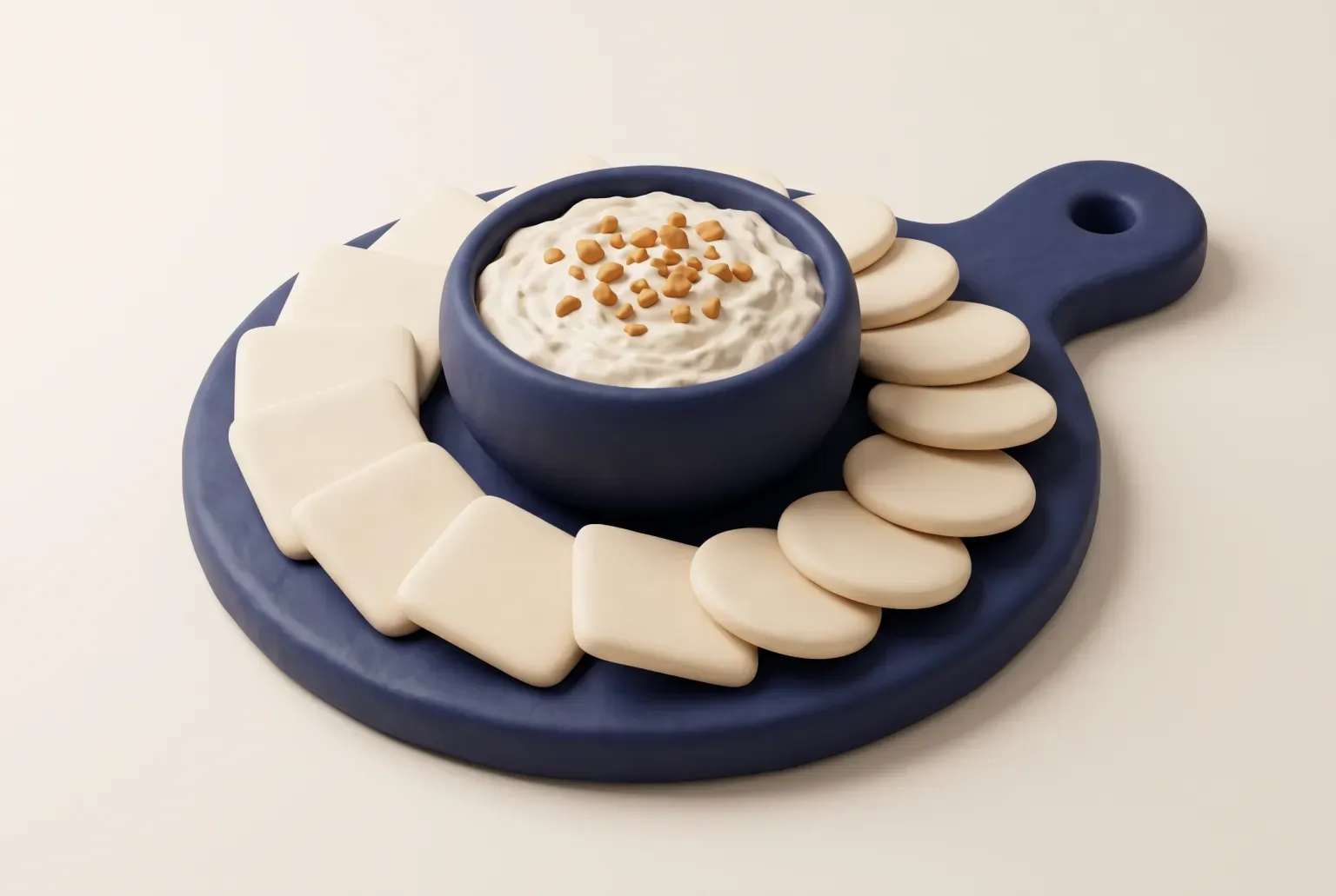 Illustration: a navy bowl of creamy dip on a round navy serving board ringed by plain square and round crackers, drawn as a soft 3D render. Not a real product.