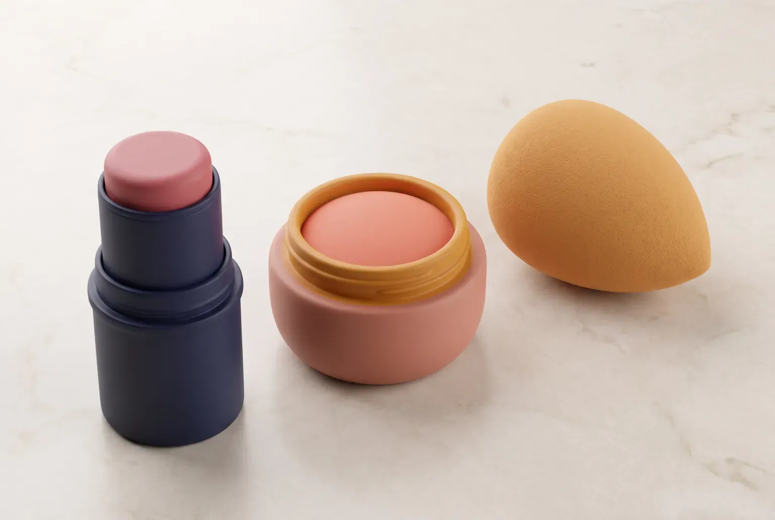 Illustration: a pink cream blush stick, a small round pot of peach blush and a soft makeup sponge on a cream marble surface, drawn as a soft 3D render. Not a real product.