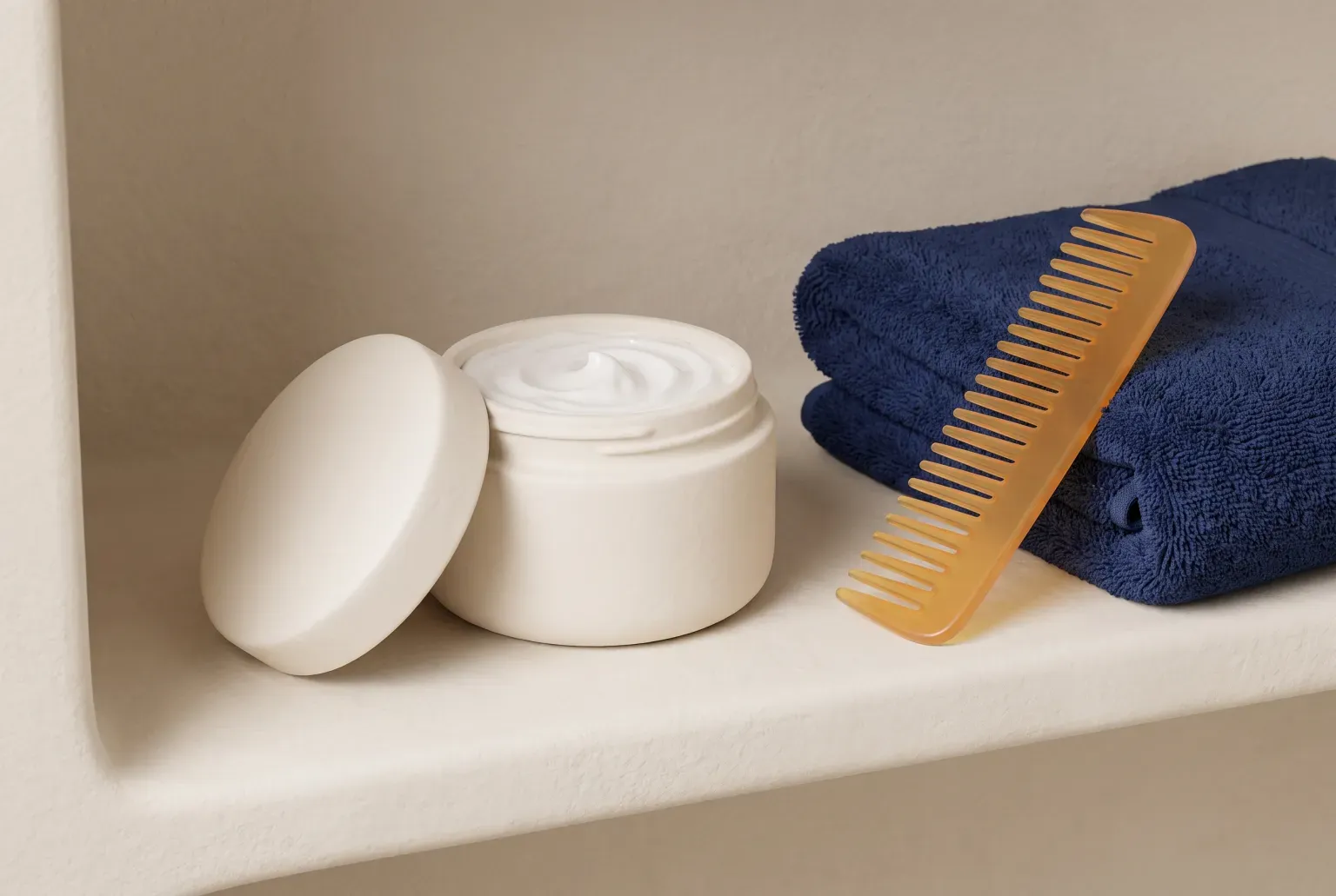 Illustration: an open jar of white hair mask on a bathroom shelf beside a folded navy towel and an amber wide-tooth comb. Not a real product.