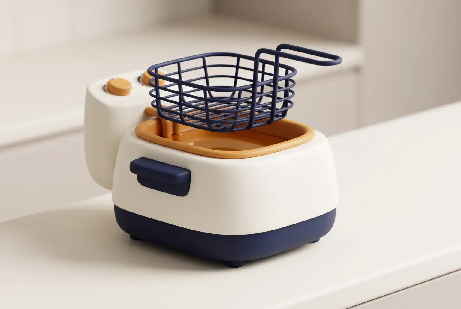 Illustration: a compact cream countertop deep fryer with a navy wire basket lifted above its amber oil pot on a kitchen counter, drawn as a soft 3D render. Not a real product.