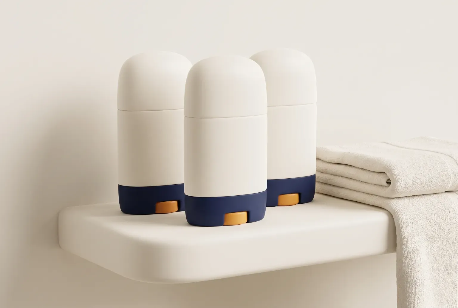 Illustration: three plain unlabeled deodorant sticks on a bathroom shelf beside a folded towel, drawn as a soft 3D render. Not a real product.