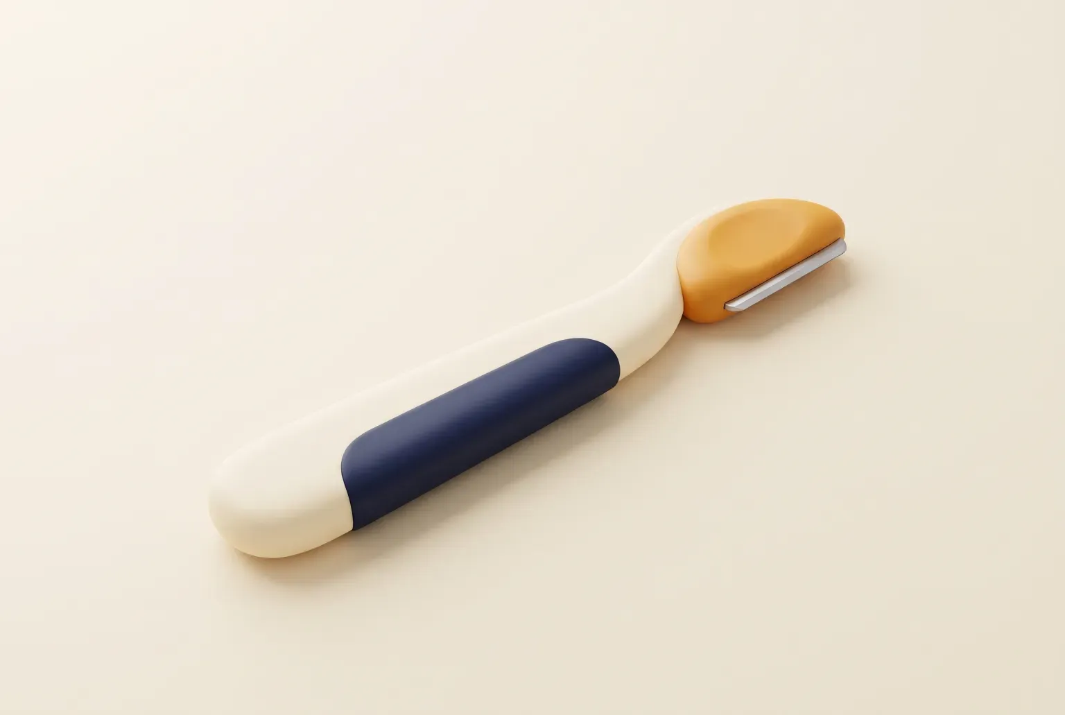 Illustration: a small facial dermaplaning razor with a slim cream handle, a navy grip and an amber head with one exposed blade, lying alone on a plain cream surface, drawn as a soft 3D render. Not a real product.