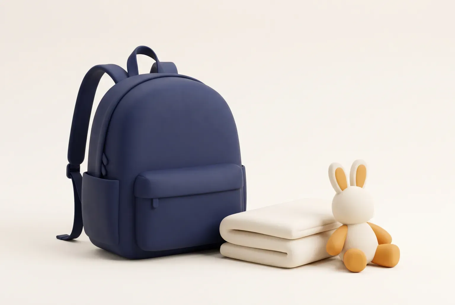 Illustration: a plain navy backpack standing beside a folded cream blanket and a small toy rabbit on a cream surface, drawn as a soft 3D render. Not a real product.