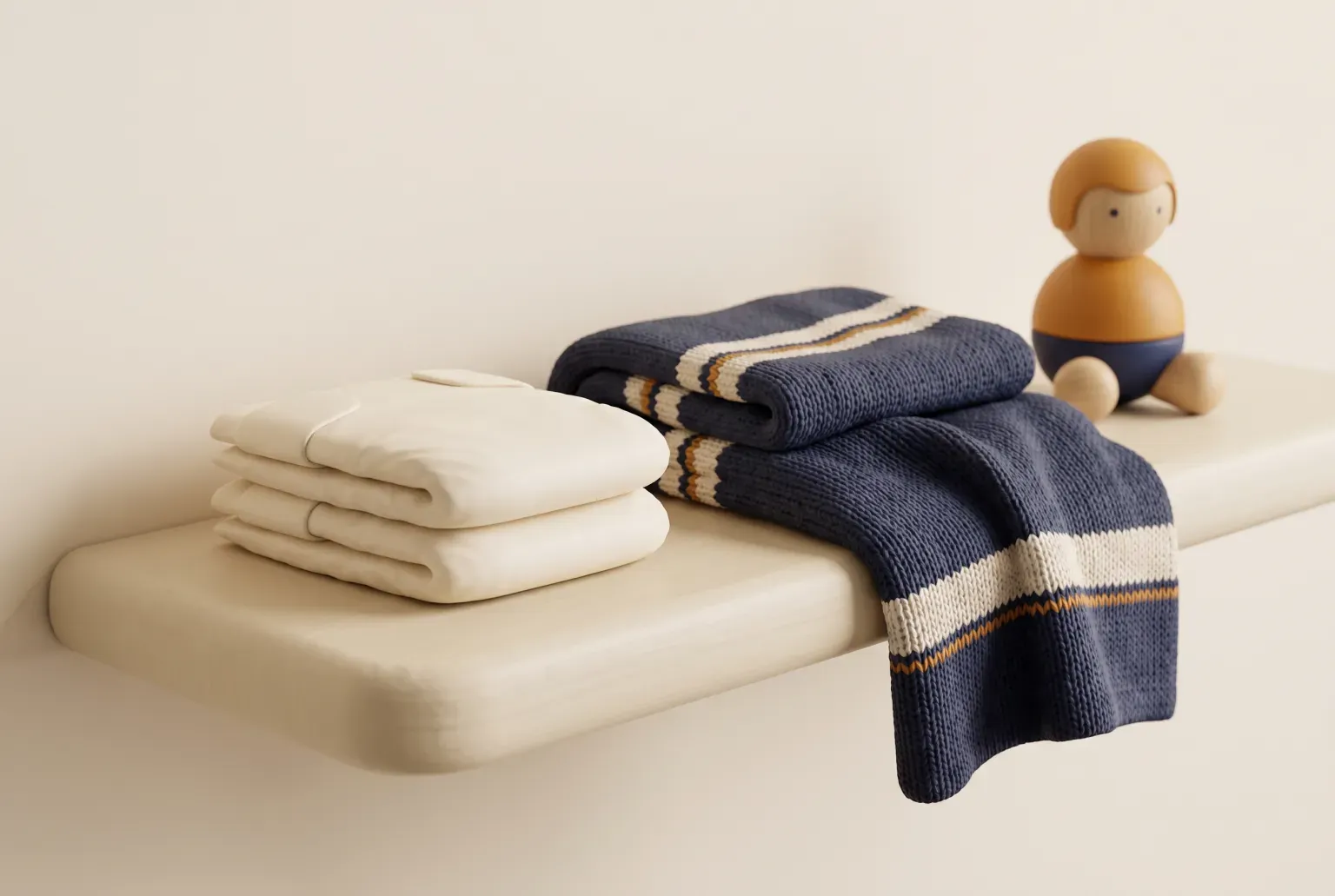 Illustration: a small stack of folded white diapers beside a navy knit blanket and a wooden toy on a cream shelf, drawn as a soft 3D render. Not a real product.