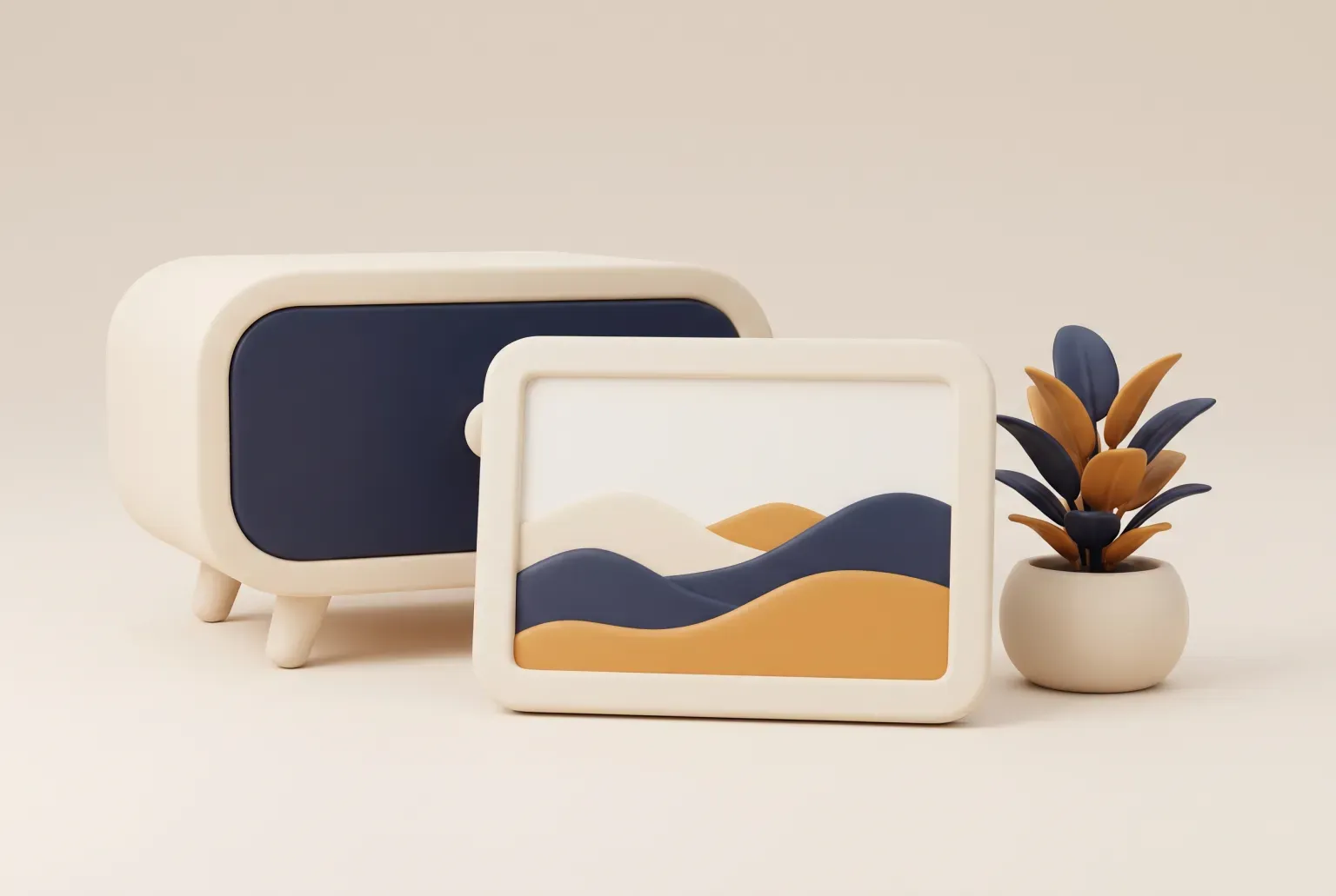 Illustration: a plain digital photo frame showing soft rolling hills, beside a small potted plant, drawn as a soft 3D render. Not a real product.