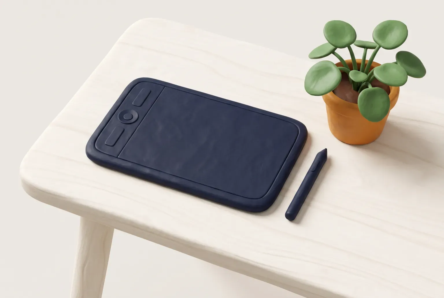 Illustration: a slim dark navy graphics tablet with a plain stylus on a tidy wooden desk beside a small green plant, drawn as a soft 3D render. Not a real product.