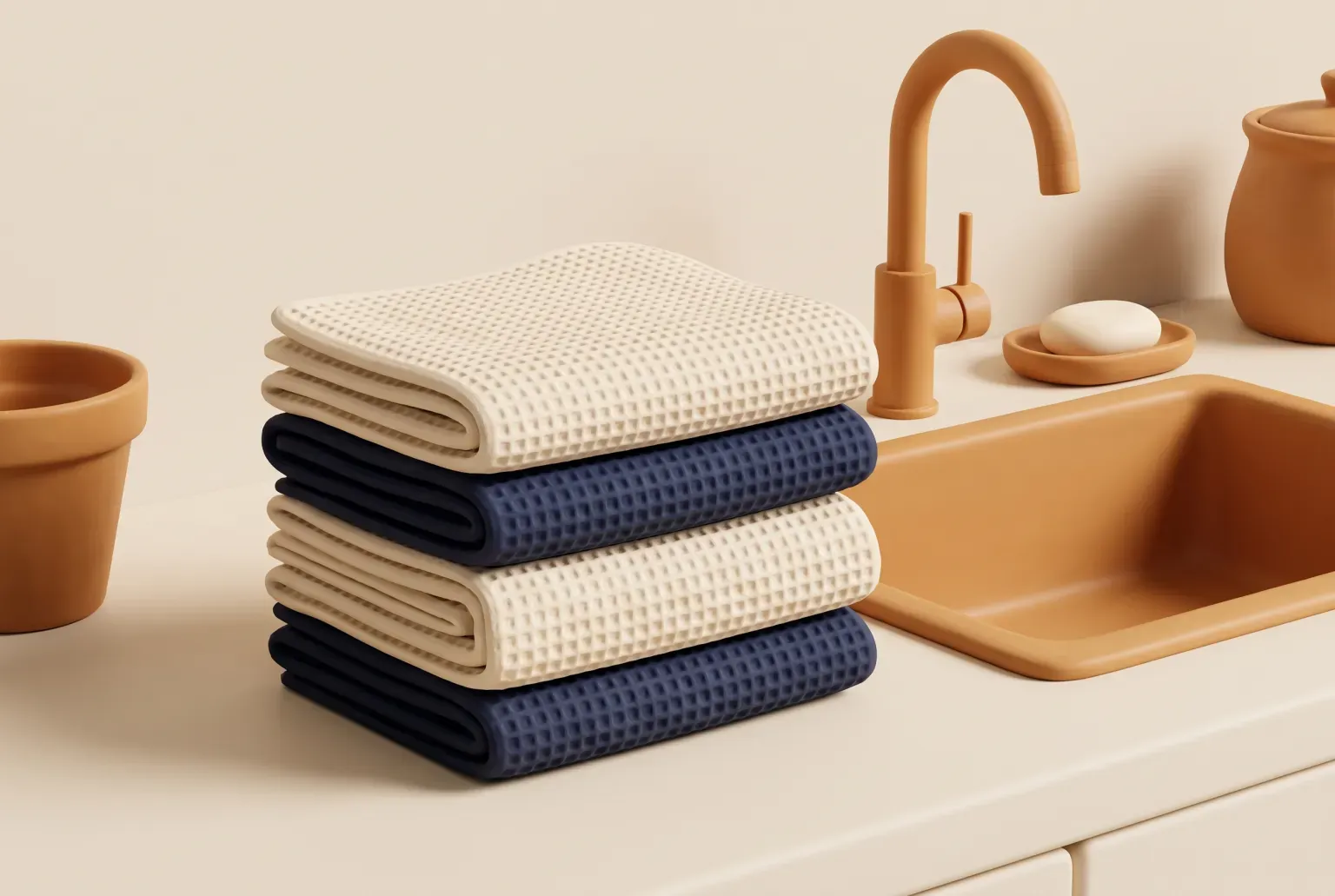 Illustration: a neat stack of folded cream and navy waffle-weave dish cloths on a cream counter beside an amber kitchen faucet and sink, drawn as a soft 3D render. Not a real product.