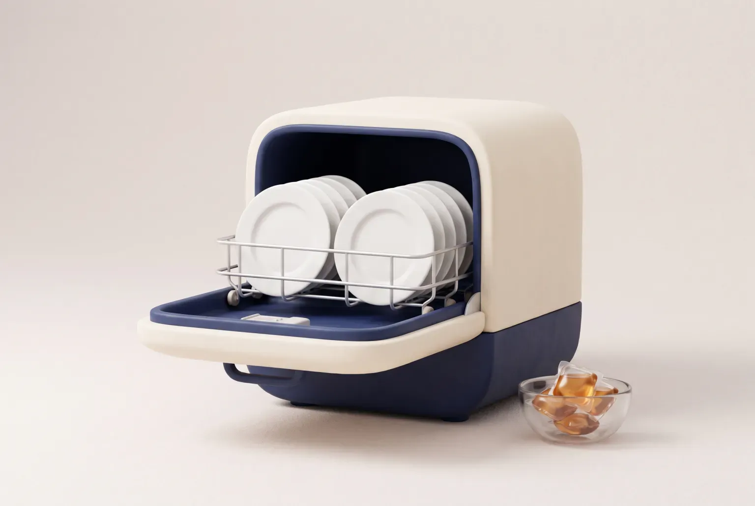 Illustration: a small open dishwasher with clean white plates in its rack beside a glass dish of plain detergent pods, drawn as a soft 3D render. Not a real product.