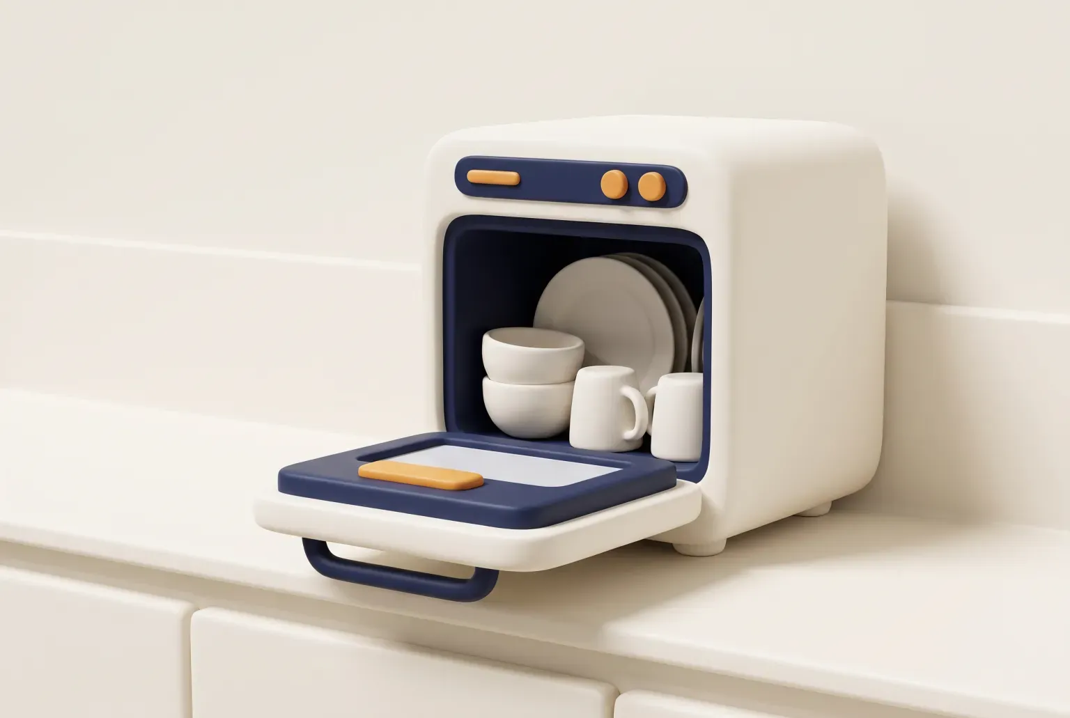 Illustration: a small countertop dishwasher with its door open and clean plates inside, drawn as a soft 3D render. Not a real product.